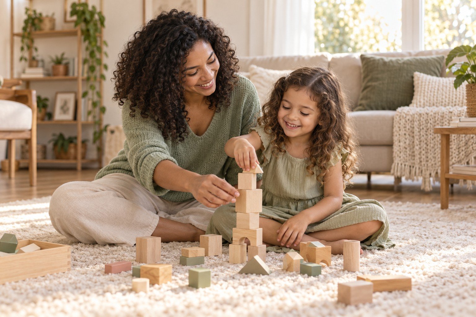 Mãe e filha compartilhando uma brincadeira com blocos de madeira